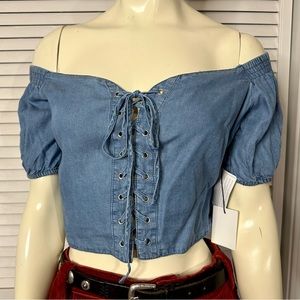 Sexy Denim Lace Up Off the Shoulder Top